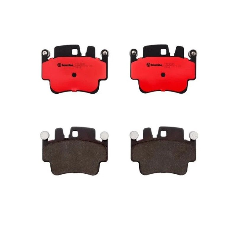 Brembo P65009N front premium ceramic brake pads with integrated noise-reduction shims for Porsche 911 and Boxster.