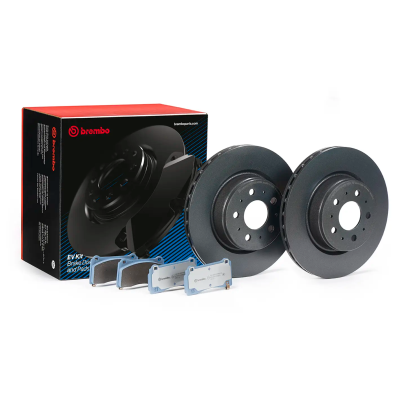 Brembo KT08001 EV front brake kit featuring anti-corrosion rotors and copper-free pads for 2017-2024 Tesla Model 3.