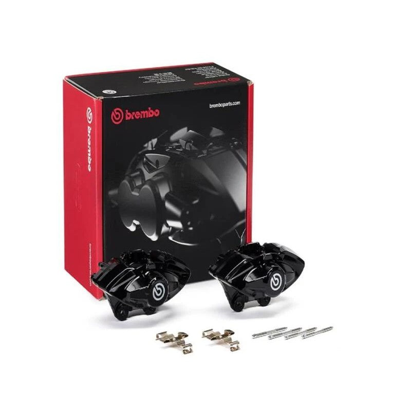 Pair of black Brembo X-Style rear hydraulic brake calipers with installation pins and springs.