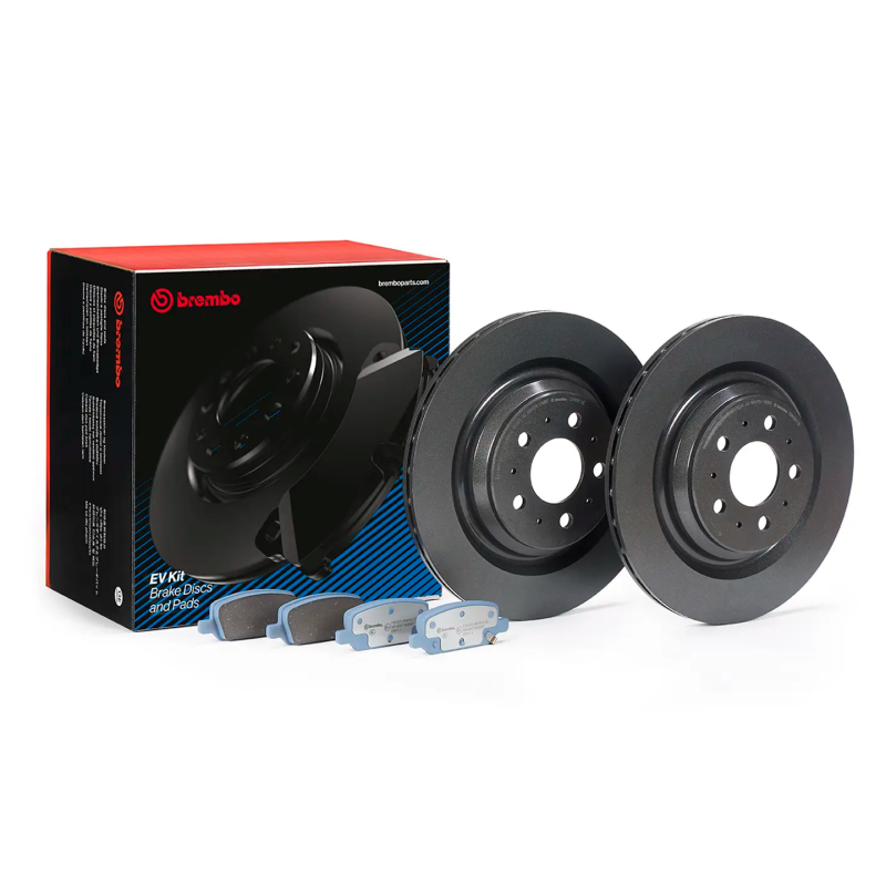 Brembo rear EV brake kit featuring two coated rotors and a set of copper-free brake pads for Tesla Model 3 and Model Y.