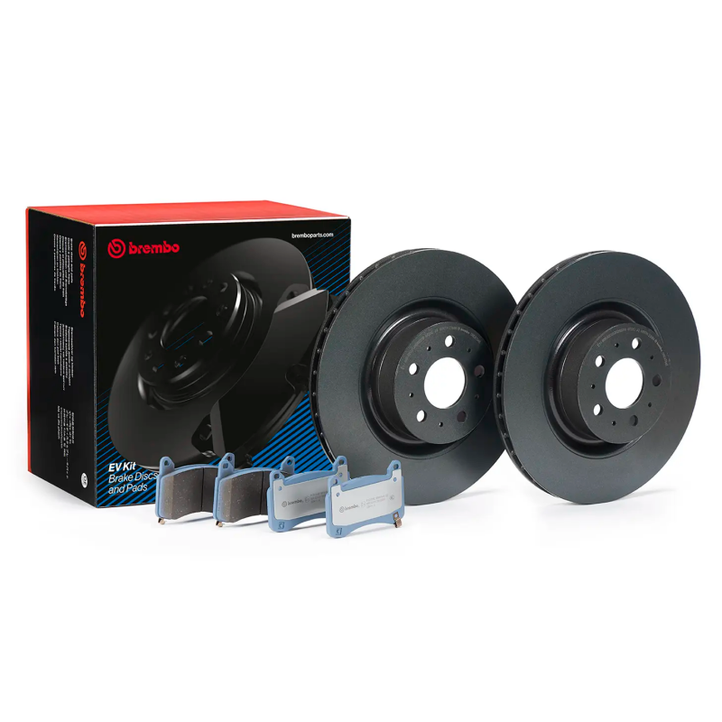 Brembo OE front brake kit for Tesla Model 3 and Y featuring two anti-corrosion treated rotors and copper-free pads.