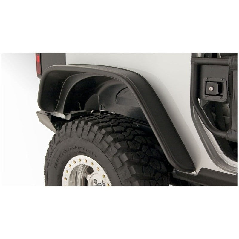 Bushwacker 10052-07 Flat Style matte black fender flares for 2007-2018 Jeep Wrangler 2-door models.