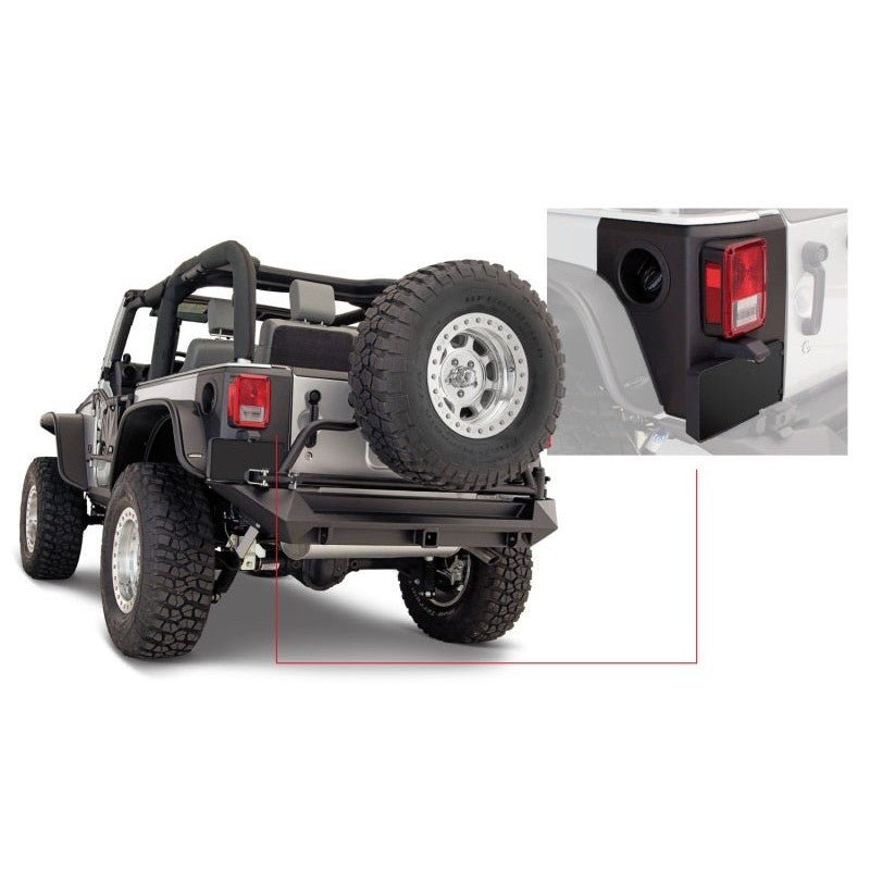 Bushwacker Trail Armor rear body corner guards in matte black finish for 2007-2018 Jeep Wrangler JK.