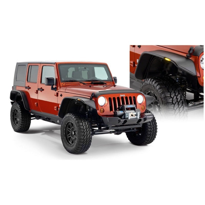 Four-piece set of Bushwacker Flat Style Fender Flares in matte black for 2007-2018 Jeep Wrangler Unlimited JK 4-Door.