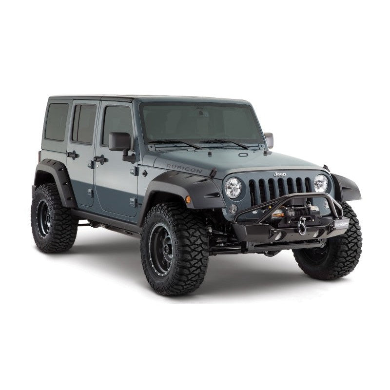 Bushwacker Pocket Style matte black fender flares with recessed stainless steel bolts for Jeep Wrangler JK Unlimited.