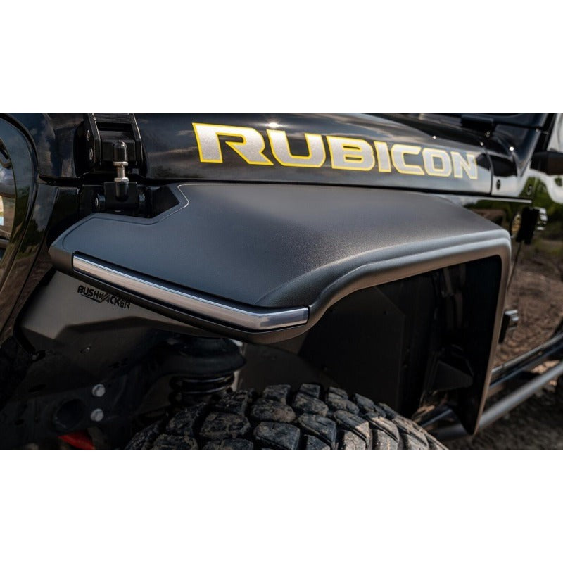 Black Bushwacker HyperForm flat style fender flares with integrated LED DRLs for 2018-2026 Jeep Wrangler JL.