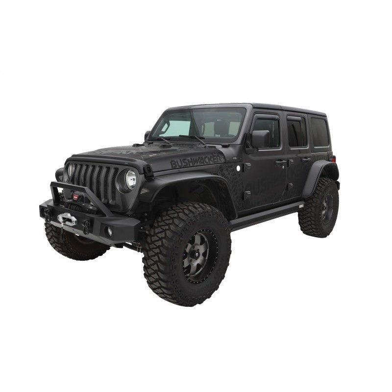 Set of four Bushwacker Flat Style Fender Flares in matte black with integrated LED side markers for Jeep Wrangler JL.
