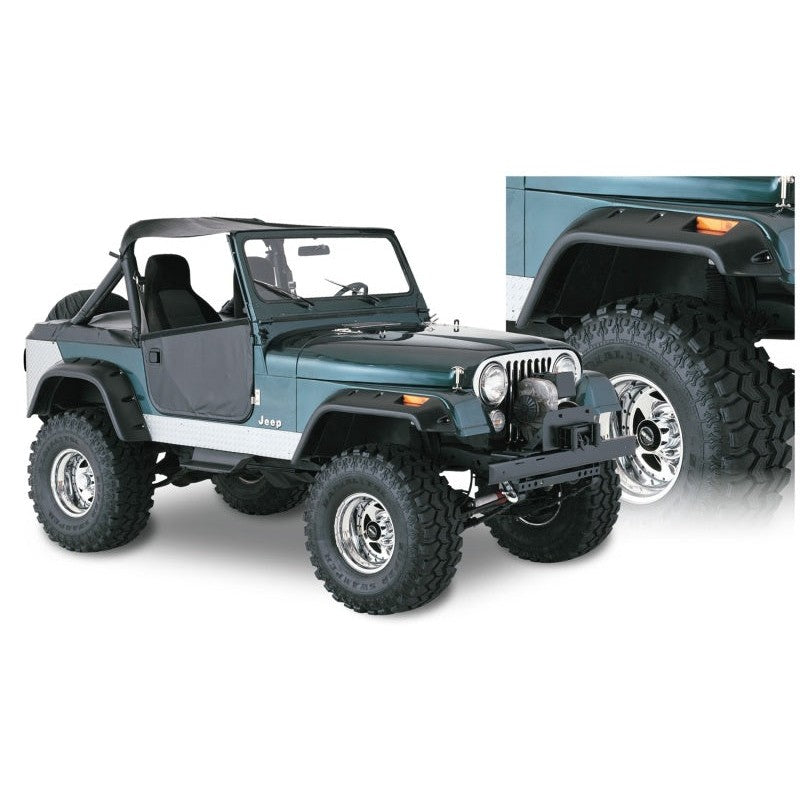 Bushwacker Cut-Out Style matte black fender flares set for 1956-1986 Jeep CJ series vehicles.