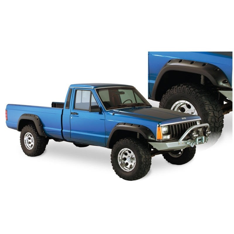 Four piece set of Bushwacker Cut-Out Style matte black fender flares with stainless steel hardware.