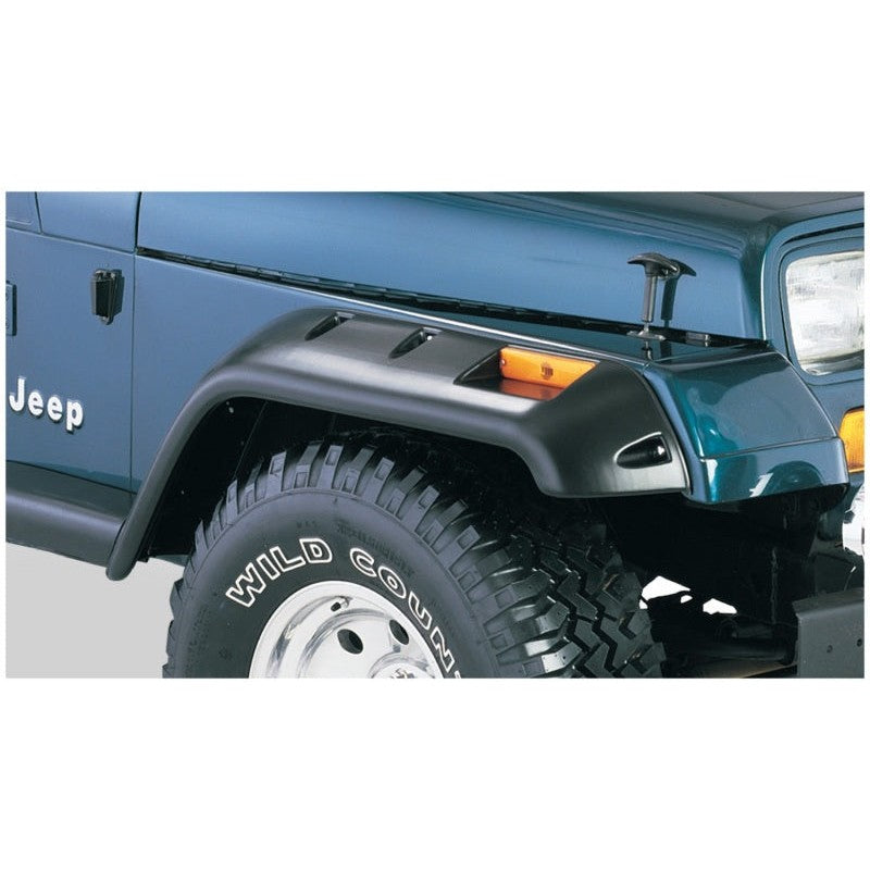A pair of matte black Bushwacker Cut-Out style fender flares for a 1987-1995 Jeep Wrangler.