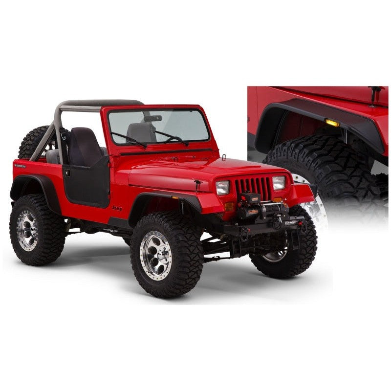 Four-piece set of Bushwacker matte black flat style fender flares with LED side markers for Jeep Wrangler YJ.