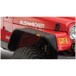 Pair of Bushwacker matte black flat style fender flares with LED marker lights for 1997-2006 Jeep Wrangler TJ.