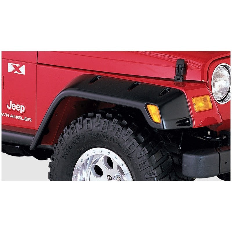 Bushwacker Max Coverage Pocket Style fender flares in matte black finish for 1997-2006 Jeep Wrangler TJ.