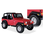 Set of four Bushwacker Max Pocket Style fender flares in smooth matte black for 1997-2006 Jeep Wrangler TJ.