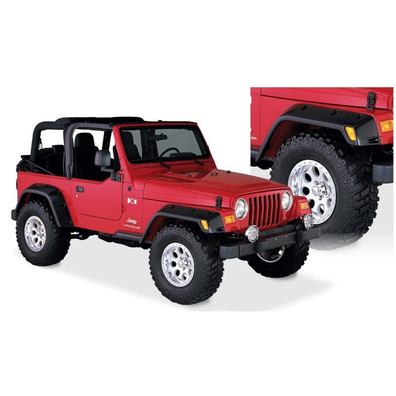 Set of four Bushwacker Max Pocket Style fender flares in smooth matte black for 1997-2006 Jeep Wrangler TJ.