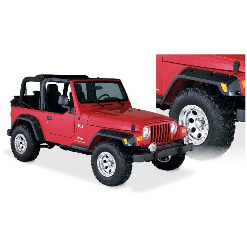 Bushwacker Pocket Style matte black fender flares 4-piece set for 1997-2006 Jeep Wrangler TJ with stainless steel bolts
