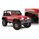 Set of four Bushwacker Flat Style Fender Flares in matte black for 1997-2006 Jeep Wrangler models.