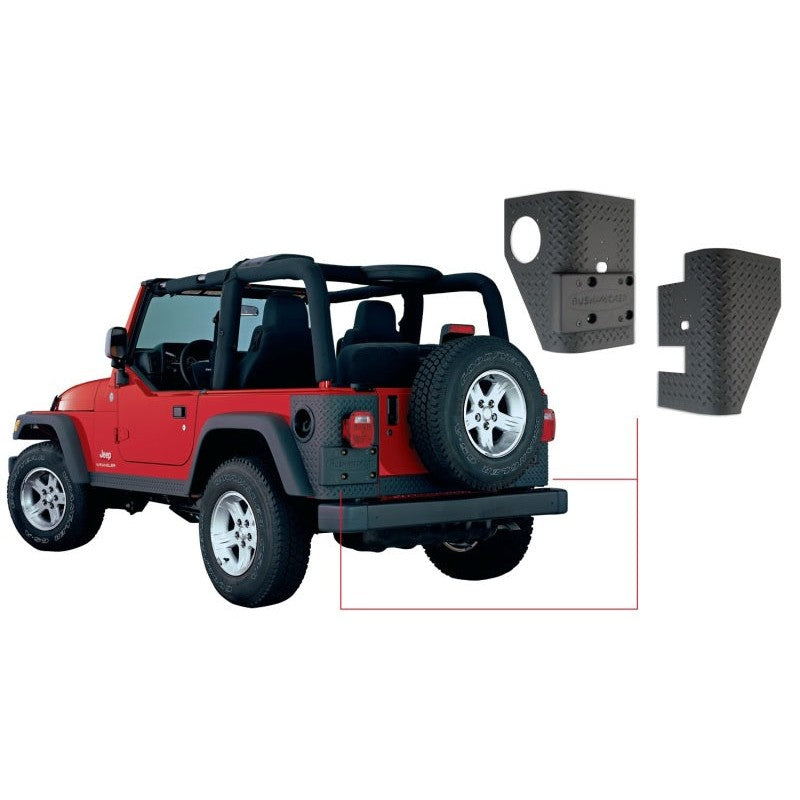 Bushwacker Trail Armor black TPO rear corner guards for 1997-2006 Jeep Wrangler.