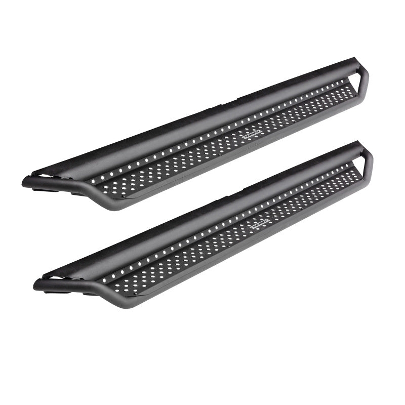 Go Rhino Dominator Extreme D1 57 inch side steps in textured black with drop down mesh stepping plates.