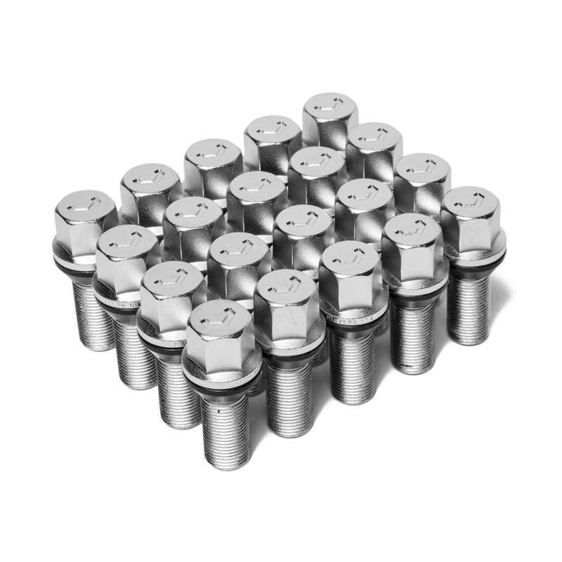 Set of 20 silver Vossen lug bolts with 14x1.5 threads, 30mm shank, and cone seat design