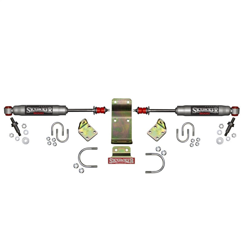 Skyjacker 9208 Silver Dual Steering Damper Kit showing two silver stabilizers and black mounting brackets