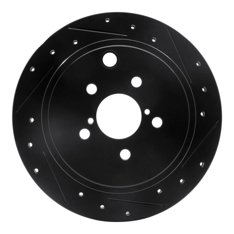 R1 Concepts rear right drilled and slotted brake rotor with black anti-corrosive coating