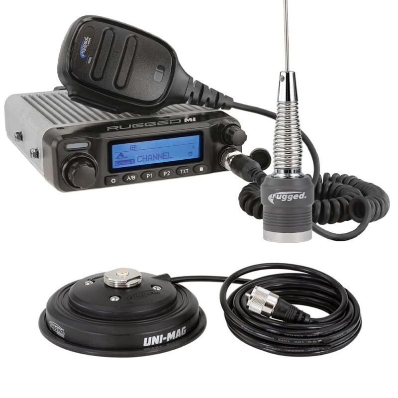 Rugged Radios M1 Race Series waterproof mobile radio unit with antenna and mounting hardware