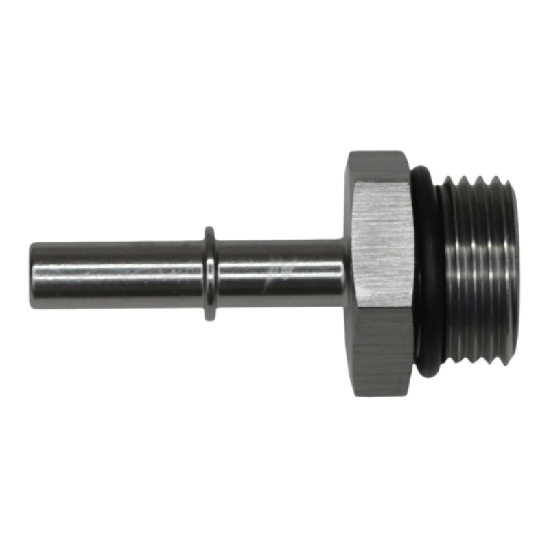 DeatschWerks 10AN ORB male to 5/16 inch male EFI quick connect adapter fitting in DW Titanium anodized finish.