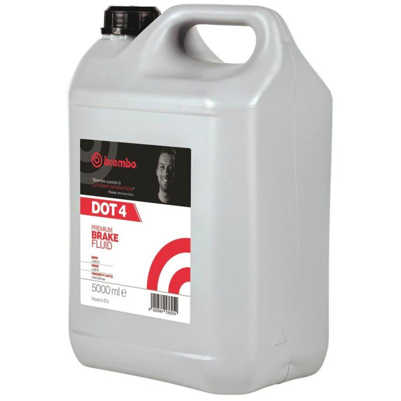 5000mL bulk container of Brembo Premium DOT 4 brake fluid for hydraulic braking systems.