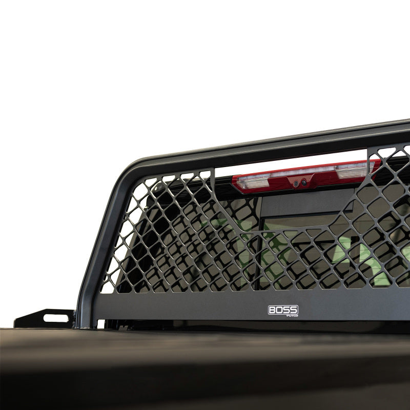 Putco Boss Rack matte black aluminum headache rack with dual T-slot channels for accessory mounting.