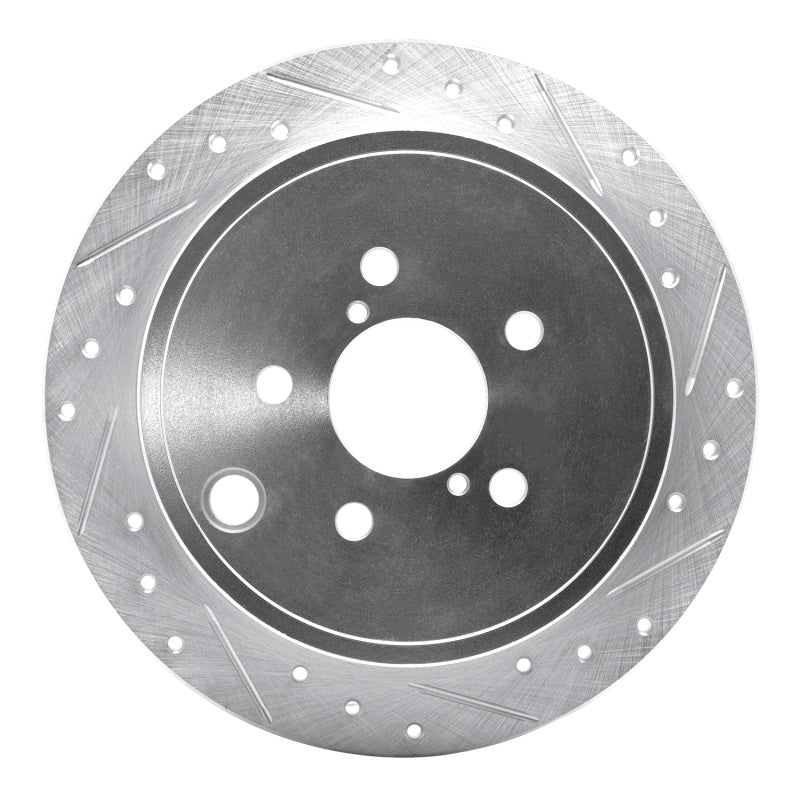 R1 Concepts silver rear right brake rotor featuring cross-drilled holes and diamond-cut slots.