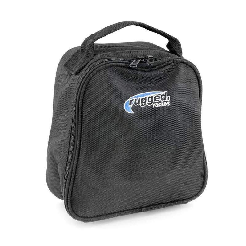 Black fabric carrying case for a single Rugged Radios headset, featuring a top handle and zipper closure.