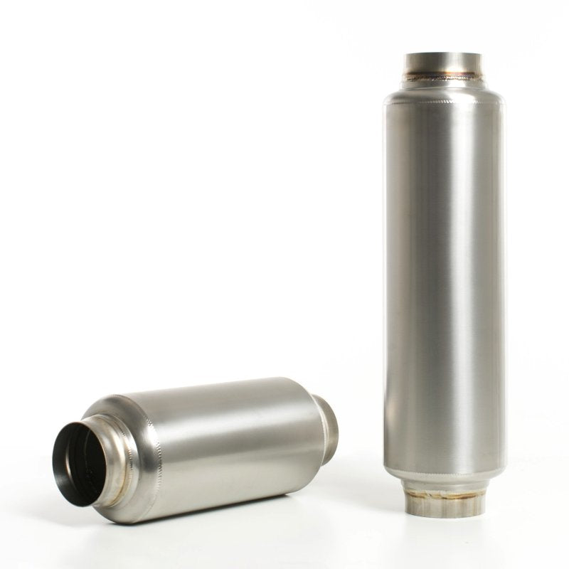 Ticon Industries ultralight titanium muffler featuring a 12-inch body and 2.5-inch inlet and outlet diameters.