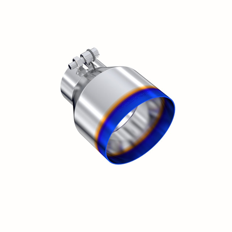 MBRP T304 stainless steel exhaust tip with a burnt end finish and 5-inch angle cut outlet.