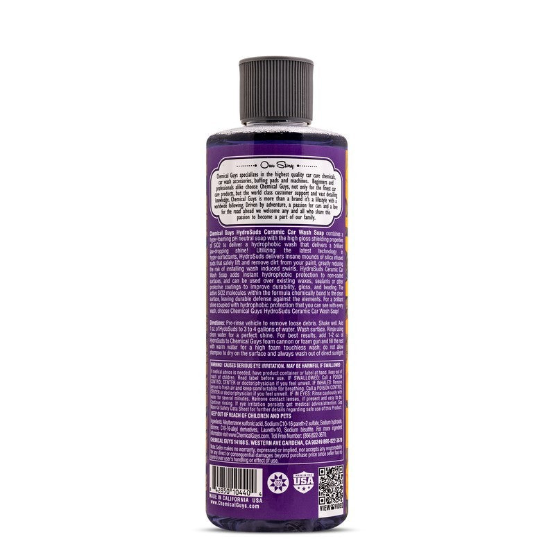 16oz bottle of blue Chemical Guys HydroSuds Ceramic Car Wash Soap featuring the SiO2 technology logo.