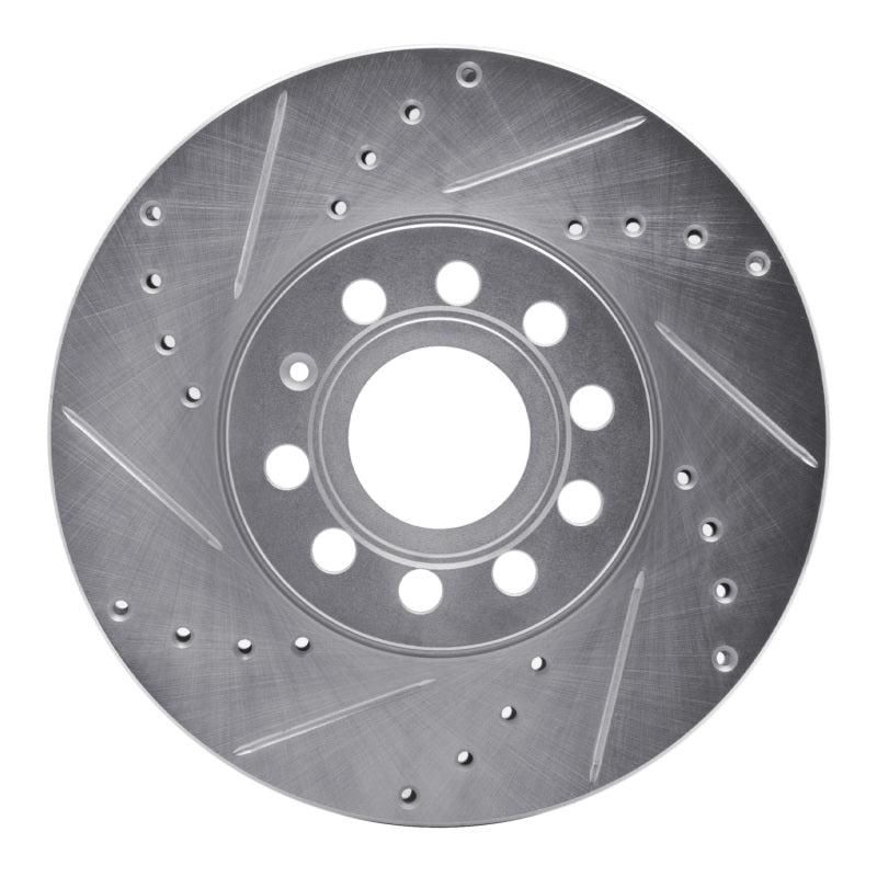 Silver zinc-plated drilled and slotted front left performance brake rotor for Audi and Volkswagen models.