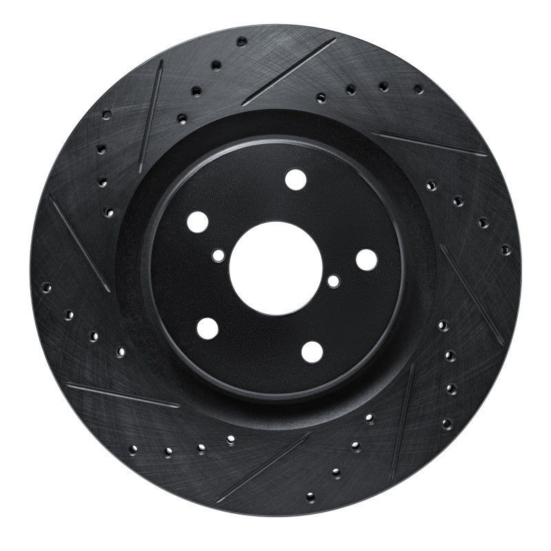 R1 Concepts black drilled and slotted front left brake rotor for 2020-2025 Subaru models
