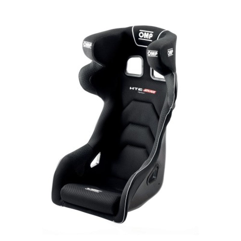OMP HTE Series Evo racing seat with black fabric upholstery and visible carbon fiber shell construction.