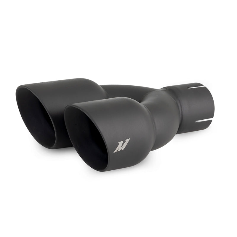 Matte black Mishimoto dual offset exhaust tip with 2.5-inch inlet and staggered 3-inch slash cut double-wall outlets.