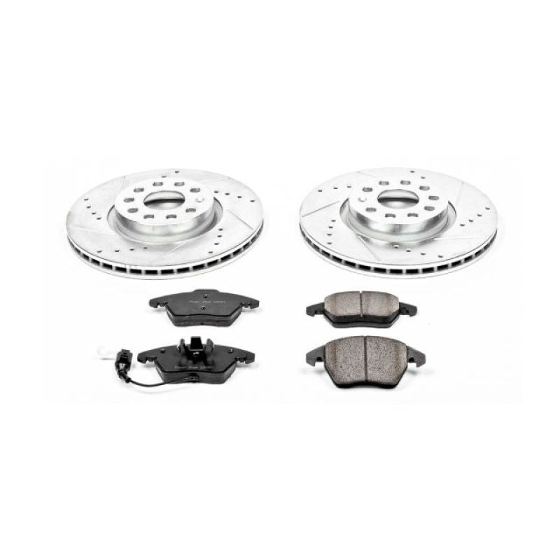 Power Stop Z23 Evolution Sport front brake kit featuring drilled and slotted rotors, Z23 ceramic pads, and hardware.