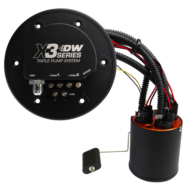 DeatschWerks X3 fuel module assembly with DW430C pumps and installation hardware for 1998-2004 Ford Mustang