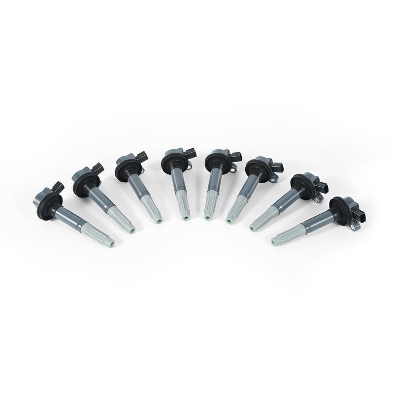Set of eight black Mishimoto ignition coils for 2011-2016 Ford 5.0L V8 engines