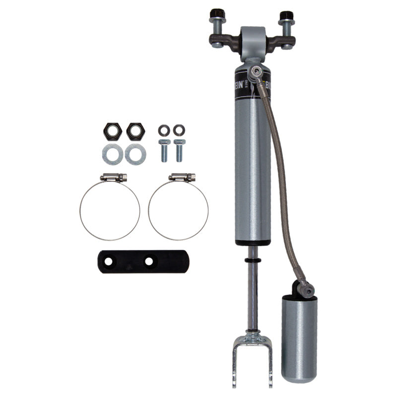 Bilstein B8 5160 series front remote reservoir shock absorber with silver finish and black braided reservoir hose