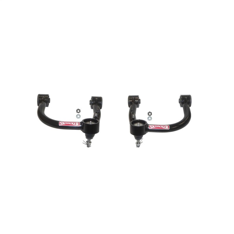 Skyjacker black powder-coated DOM steel tubular upper control arms with greasable ball joints and rubber bushings.
