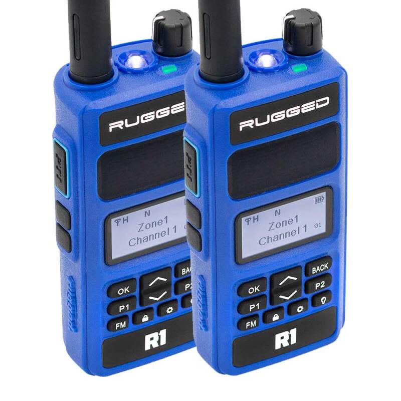 Two black Rugged Radios R1 handheld business band radios with antennas and digital displays