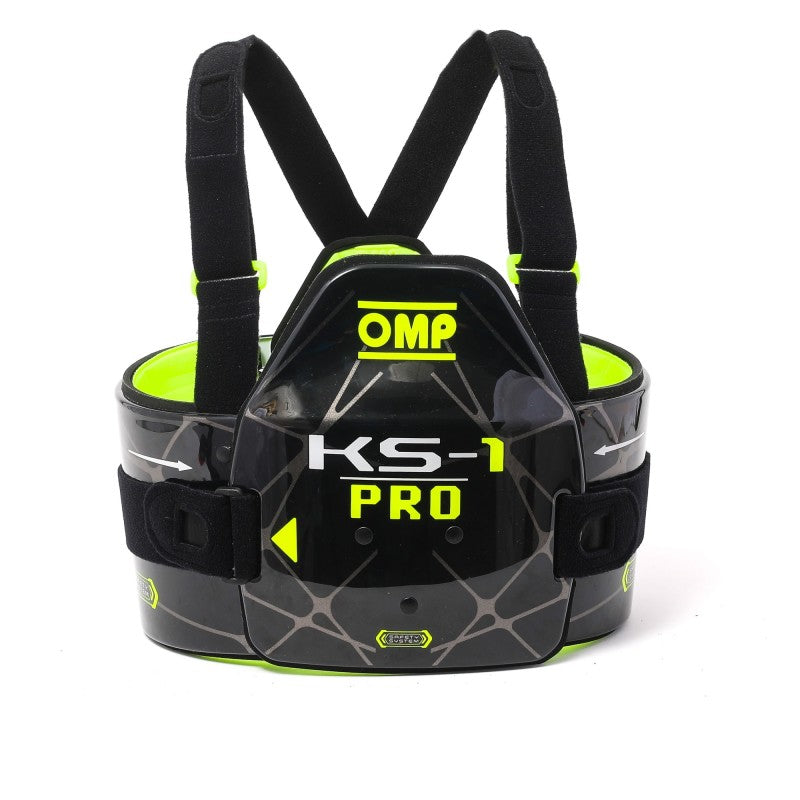 OMP KS-1 Pro karting rib protector featuring a black polycarbonate shell with adjustable straps and 6mm padding.
