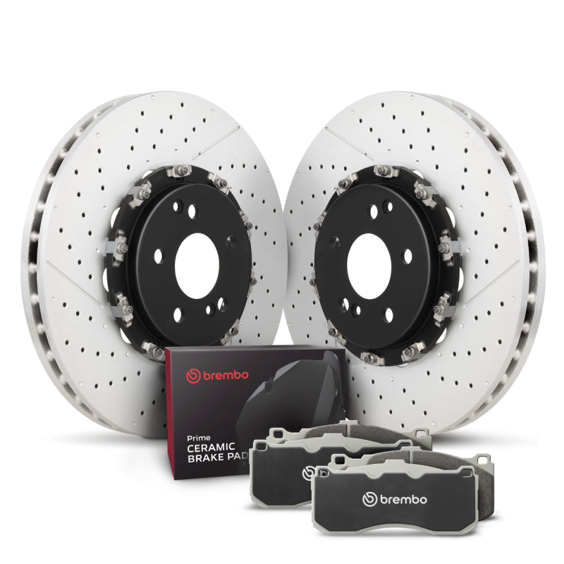 Brembo front brake kit featuring high-carbon rotors with pillar venting and a set of Prime Ceramic brake pads.