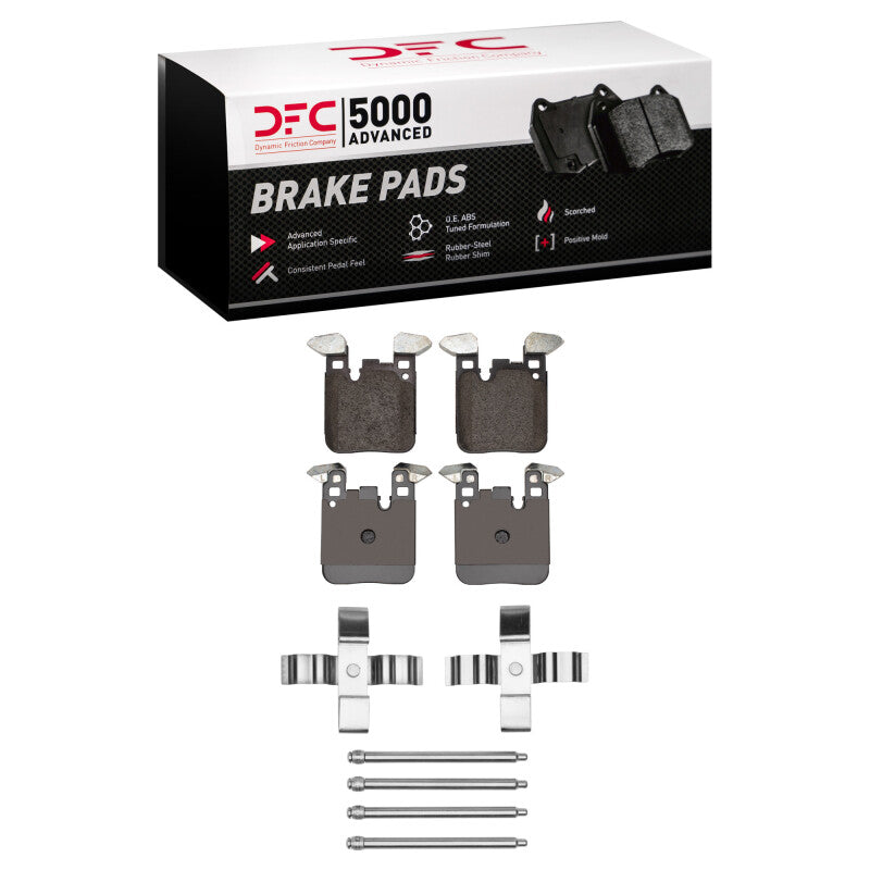 DFC 5000 Advanced Low Metallic rear brake pads with included stainless steel installation hardware kit.