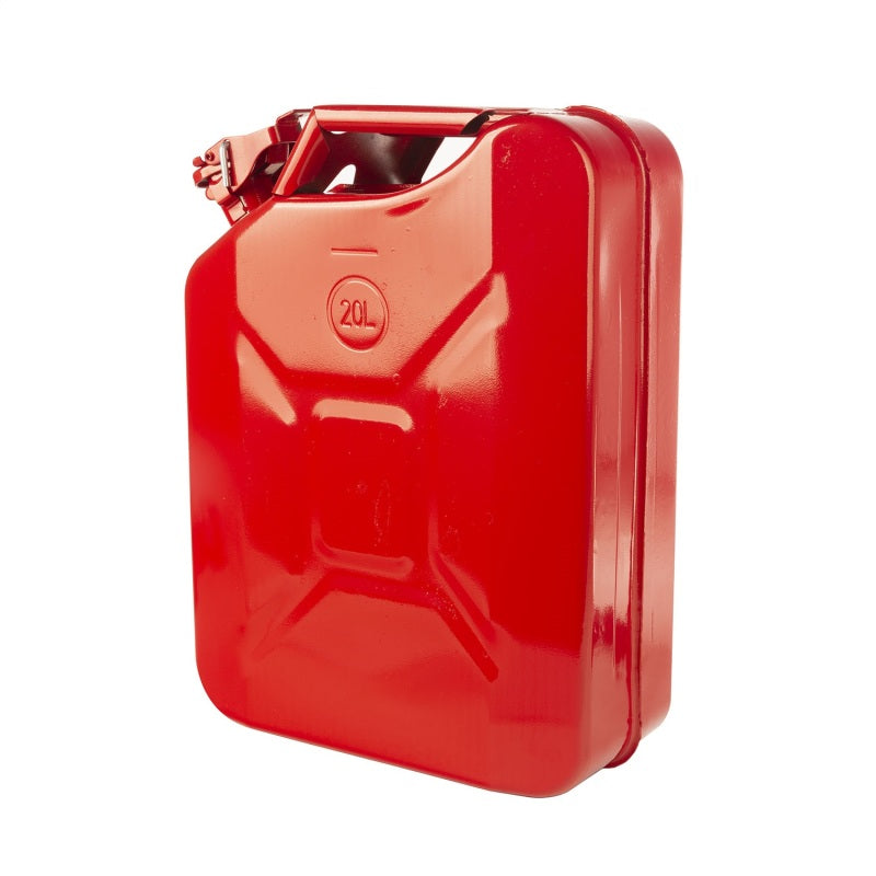 Rugged Ridge red stamped steel 20-liter jerry can featuring a three-bar handle and locking safety fuel cap.