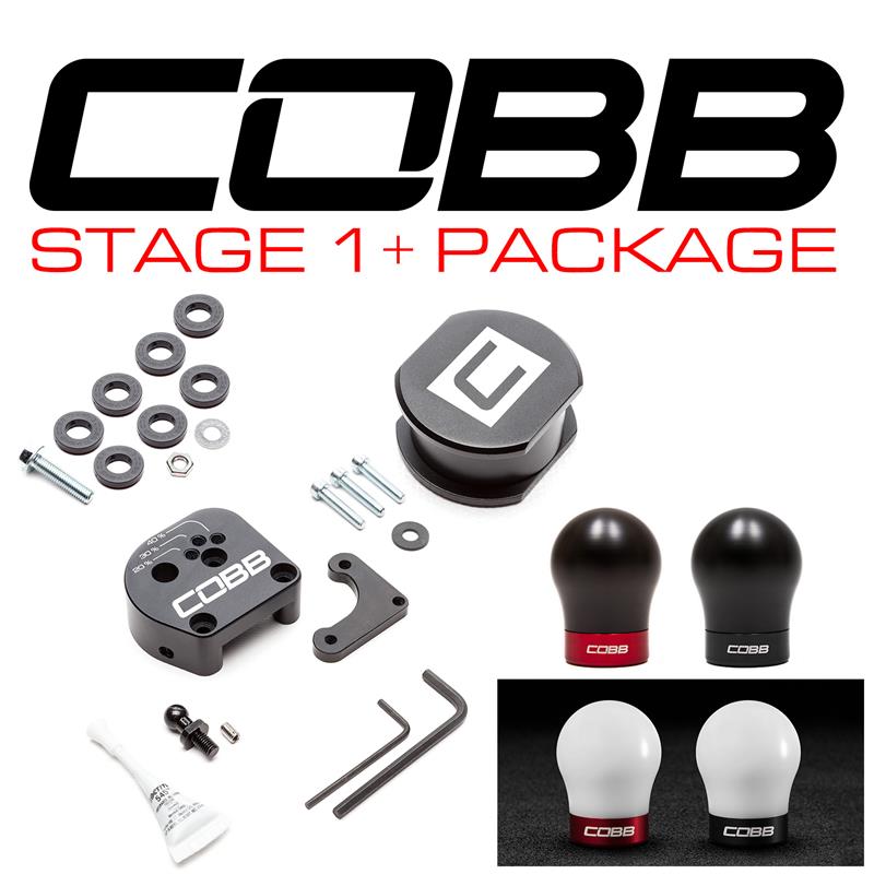 Cobb Stage 1+ drivetrain kit with white and black shift knob for 2013-2018 Ford Focus ST and RS.